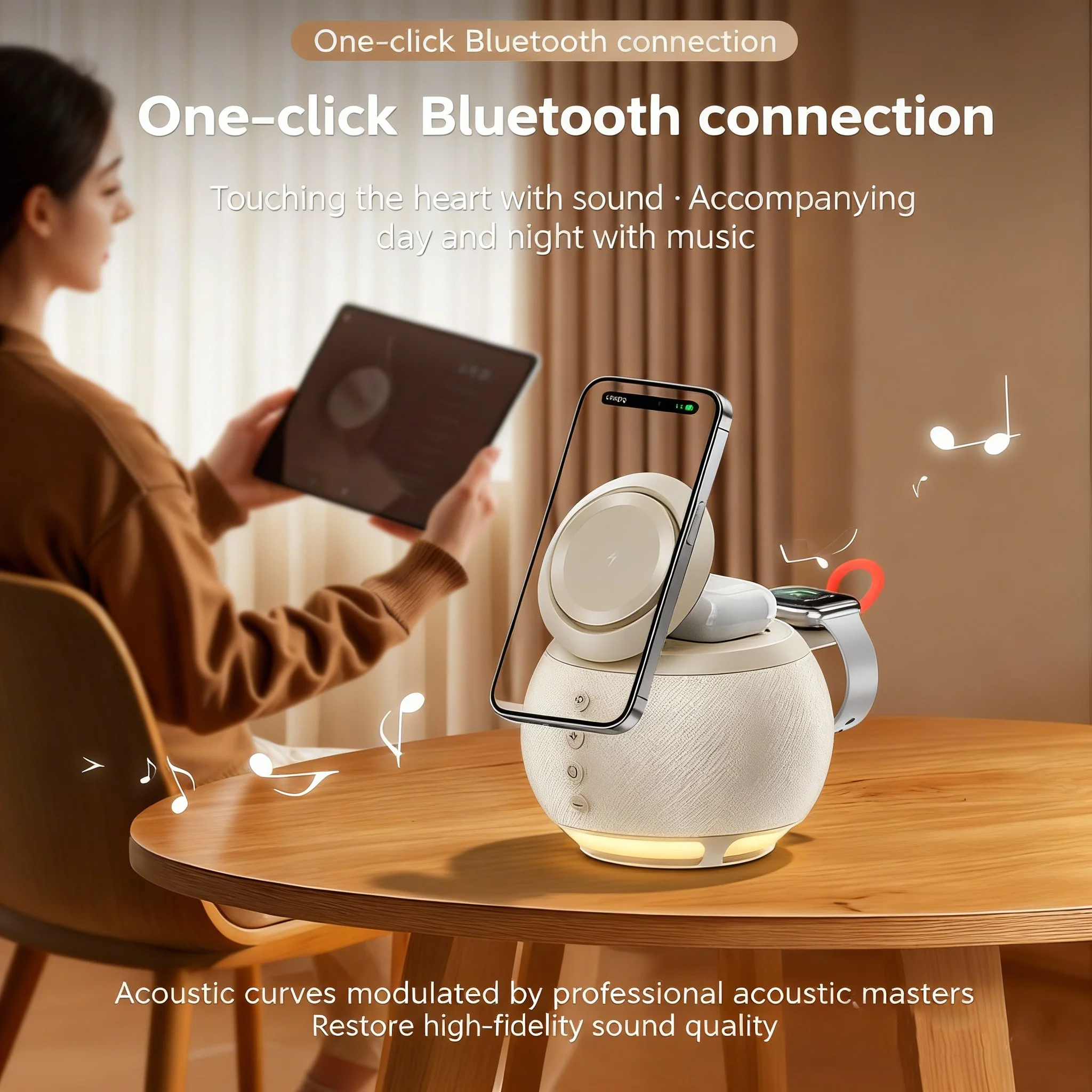 

Беспроводная зарядка 5-в-1 для iPhone 17, портативная Bluetooth-колонка со стереозвуком, отлично подходит для спален, столовых и офисов.