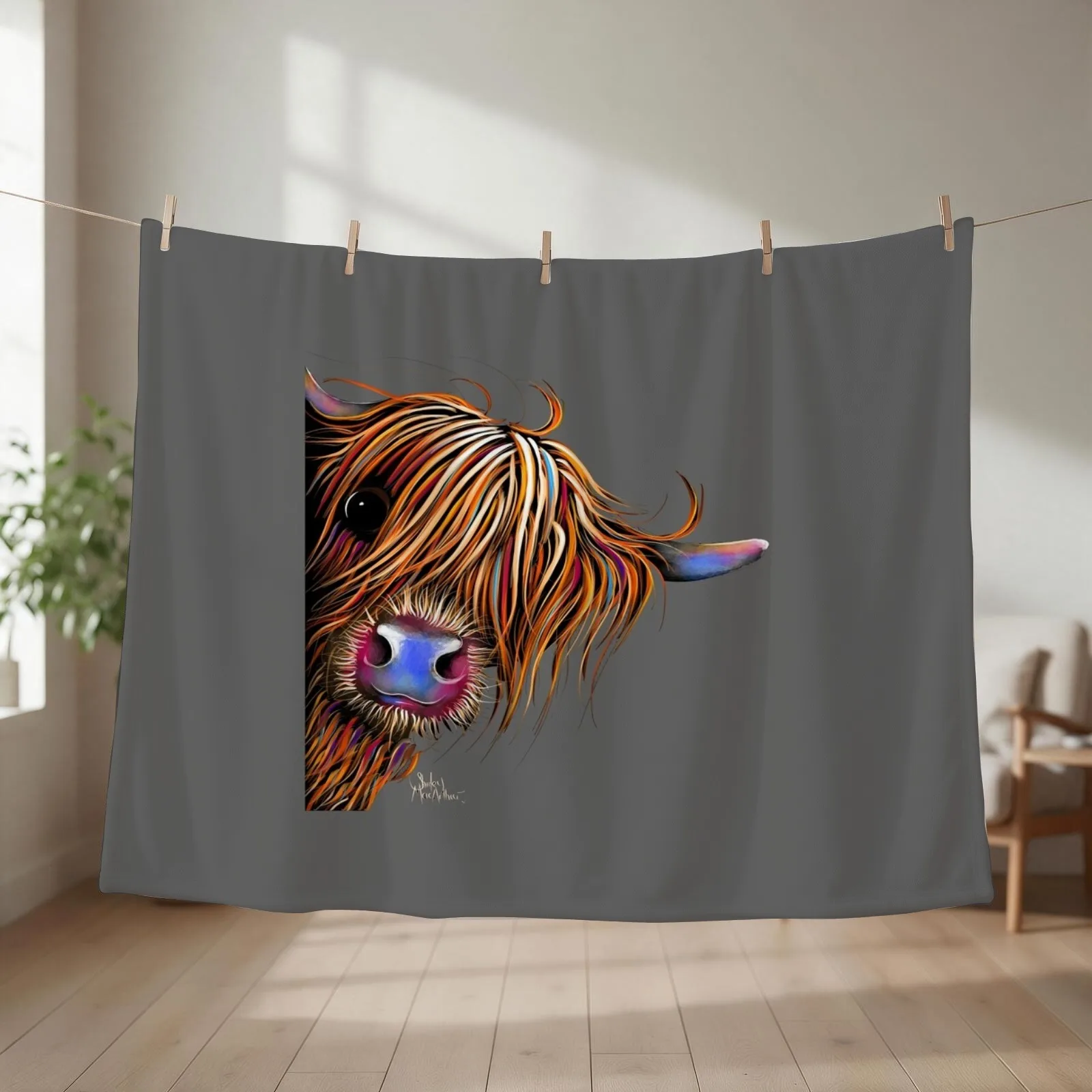 HiGHLaND CoW PRiNT SCoTTiSH ' SuGaR LuMP oN GReY ‘ BY SHiRLeY MacARTHuR Throw Blanket