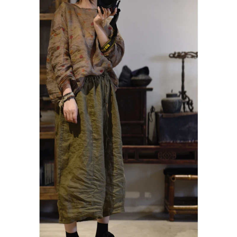 Pantaloni stile harem a gamba larga in ramie donna autunno nuovi pantaloni larghi al polpaccio taglie forti capris elastici con coulisse casual tinta unita