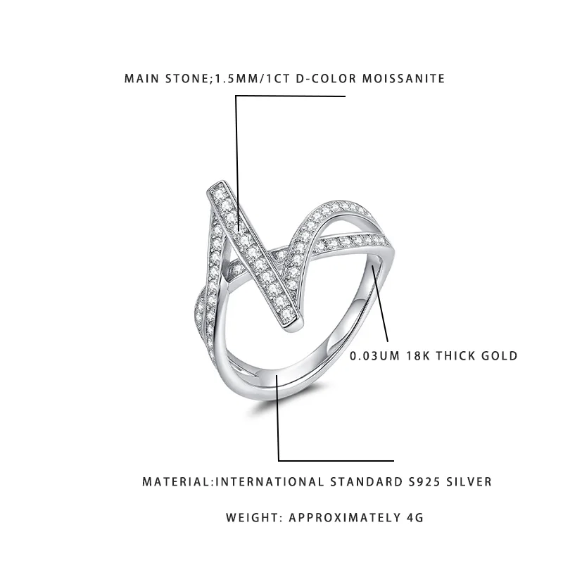 

S925 Silver Moissanite Open Ring for Women 18K Gold Plated Cross Wave Design Wedding Engagement Fine Jewelry