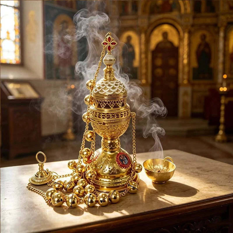 Vintage vergoldeter orthodoxer hängender Weihrauchbrenner mit emaillierten Ikonen und Glocken für den Heimaltar, Gebet, Andacht, christliche religiöse Zeremonien – Detail 2