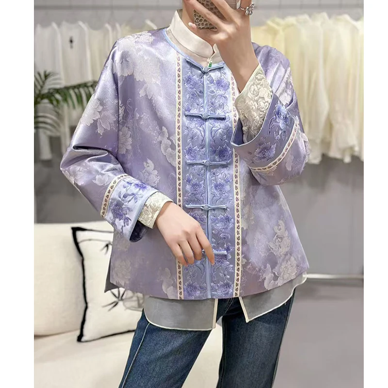 Spring and Autumn New Round Neck Rayon Fabric Jacquard+Embroidery Handmade Button Fashion Women's Jacket S-XXL
