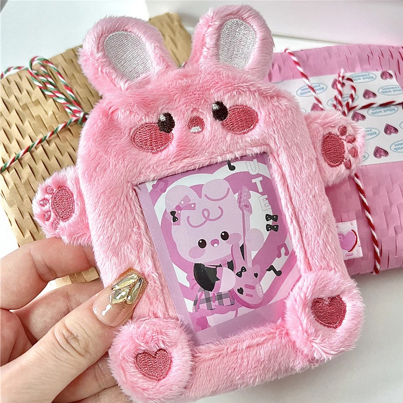 

Super Cute Pink Rabbit Plush Photocard Holder Keychain Card Holder Card Protective Sleeve Bus Bank Name ID Card Display Holder