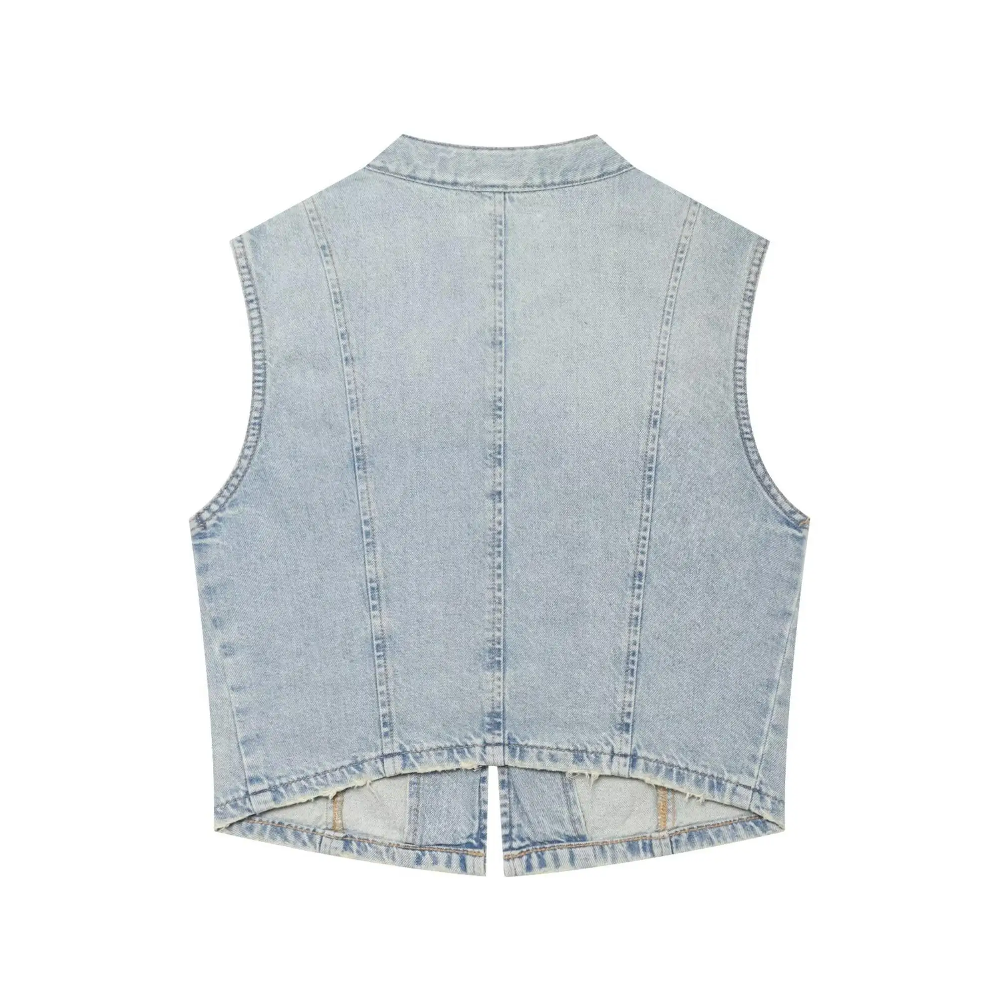 Modische Damen Ärmellose Jeansweste Oberbekleidung Vintage Trendy 2026 Sommer Neu Schlankmachende Stehkragen-Weste mit Knopfverzierung – Detail 3