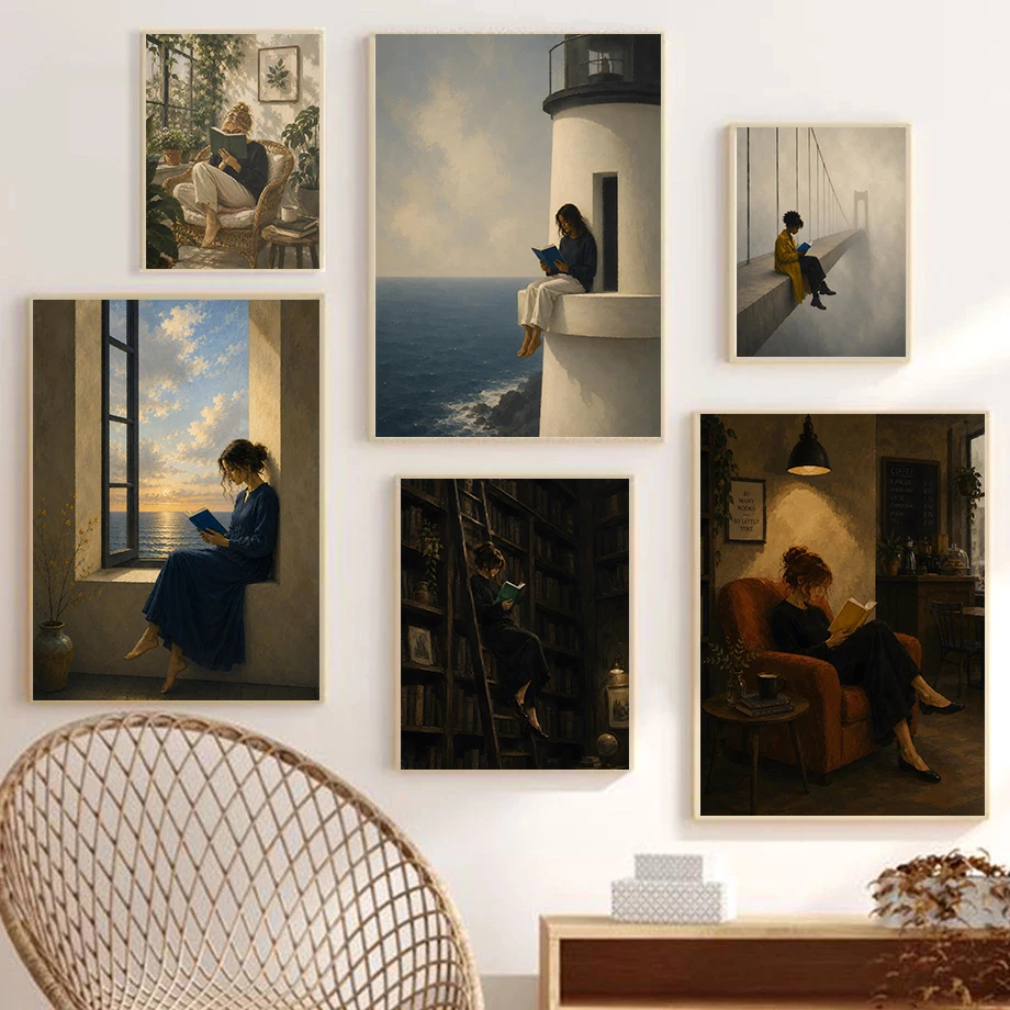 Ocean Window Reader Posters Book Lover Lighthouse Rooftop Modern Prints Canvas Painting Wall Art Pictures Home Living Room Decor