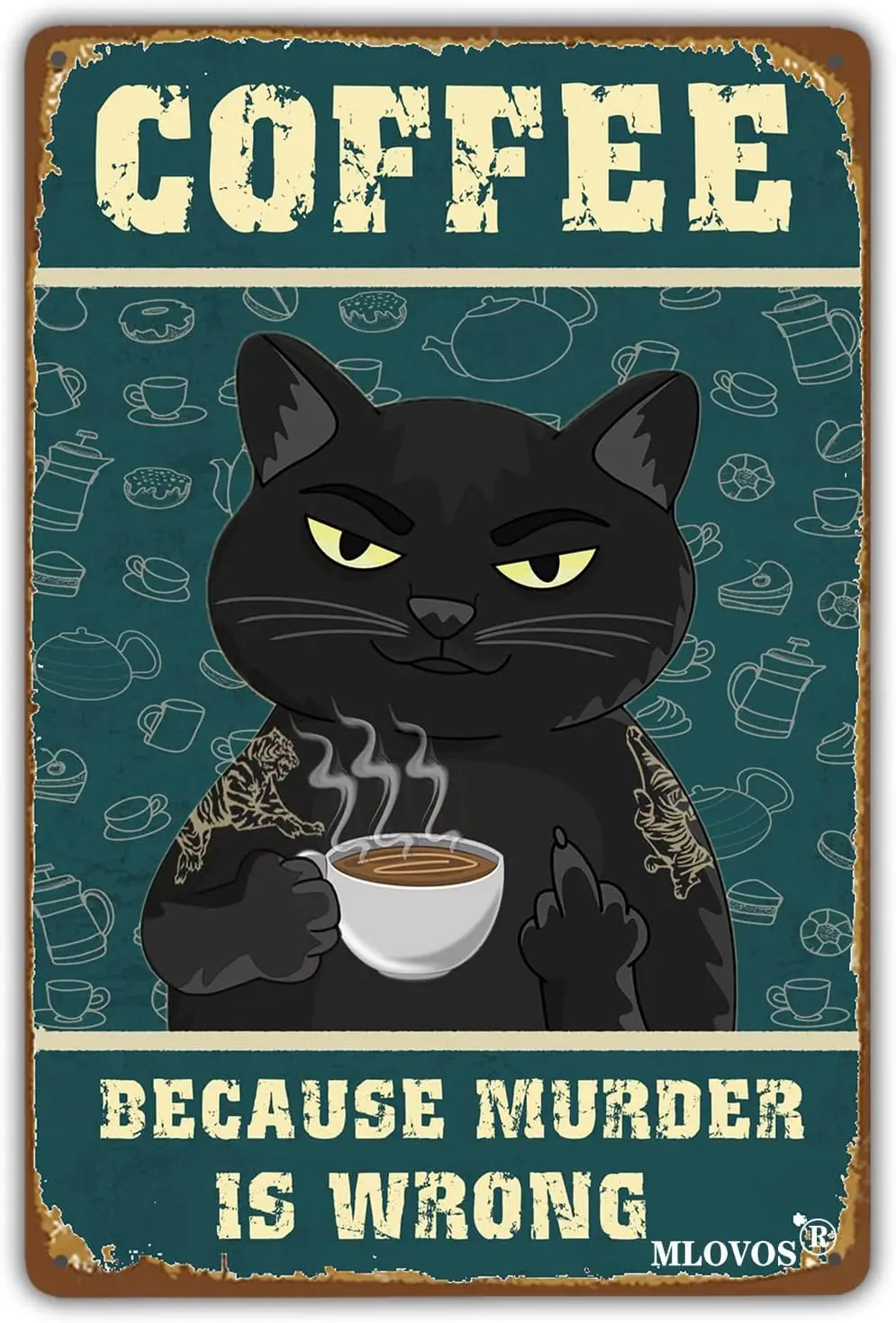 Retro Cat Coffee Metal Sign Vintage Kitchen Signs Wall Decor Because Murder is Wrong Funny Tin Signs Home Coffee Bar