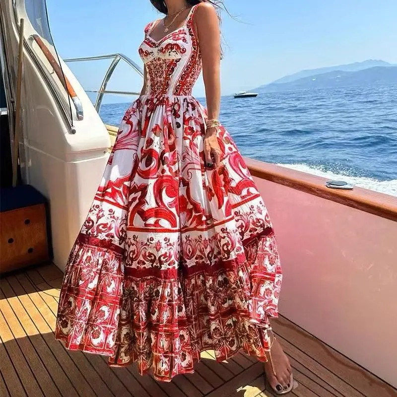 Nuovo abito lungo per le vacanze estive con stampa in porcellana viola e bianca, abiti lunghi Boho elastici senza schienale con cinturino per spaghetti da donna