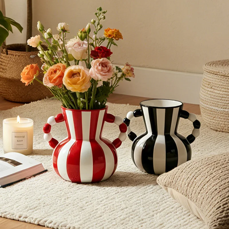 Retro Stripe Ceramic Vase, Elegant Minimalist Home Decor for Living Room Table