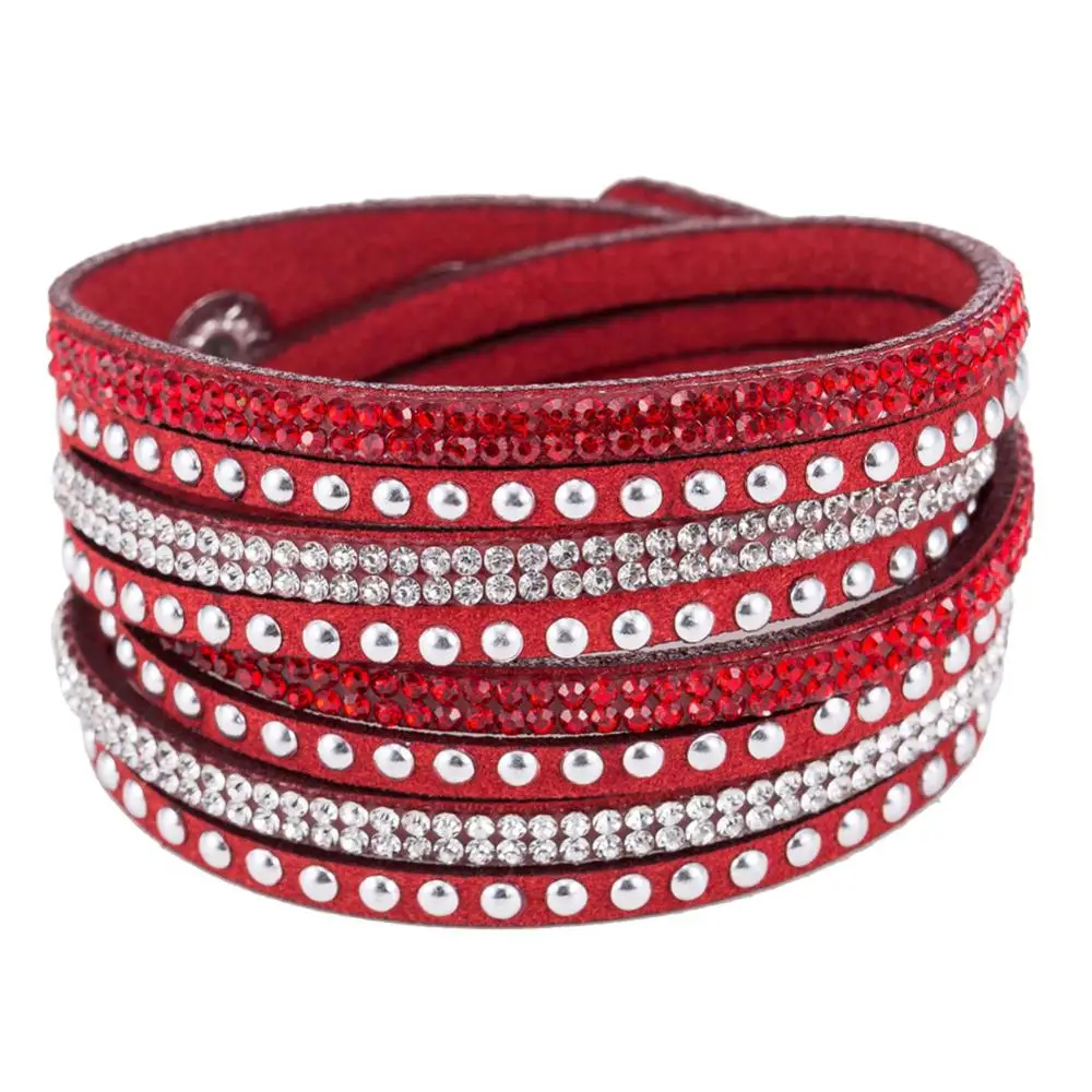 Vintage Faux Leather Bracelet Women Shiny Hot Fix Rhinestone Inlaid DIY Multilayer Bracelet Gift