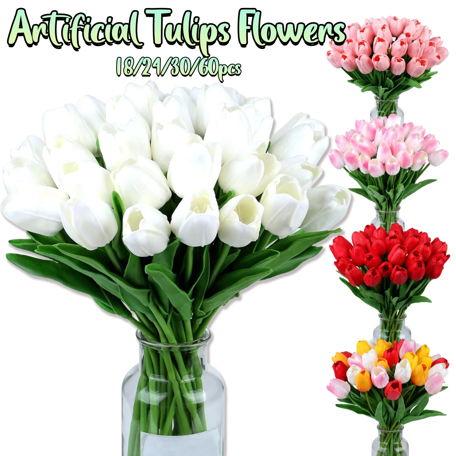 

18-60PCS Artificial Tulips Flowers Fake Tulip Bouquet Realistic Tulip Flowers Arrangement for Valentine Day Wedding Home Decor