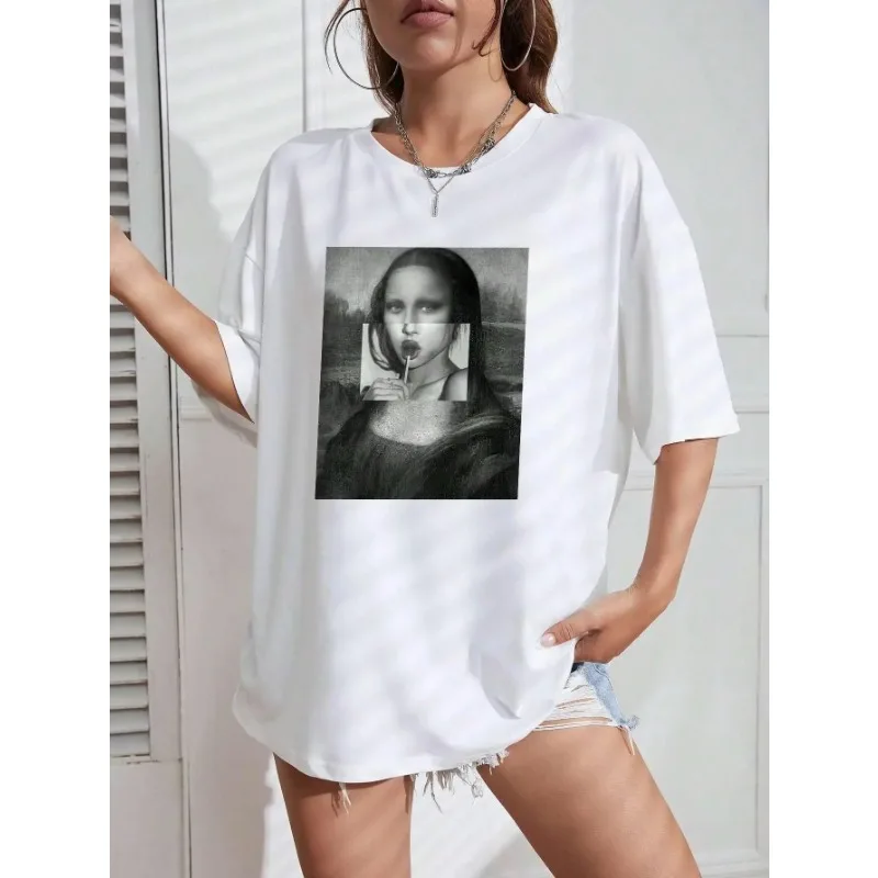 Mona Lisa Drinking Beverages Womens Summer T-shirt Breathable Casual T-shirt Loose Soft Tops Hip Hop Oversize Fashion Clothes