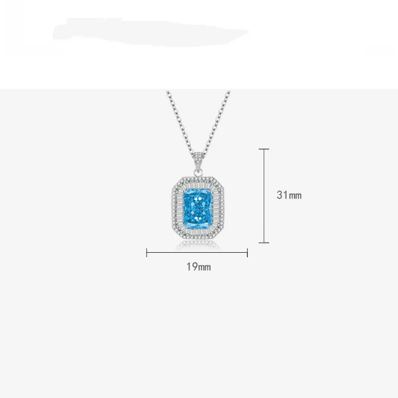 Elegant Square Ocean‑Blue Zircon Pendant Necklace for Women, Trendy S925 Sterling Silver with Pink Ice‑Cut Cubic Zirconia