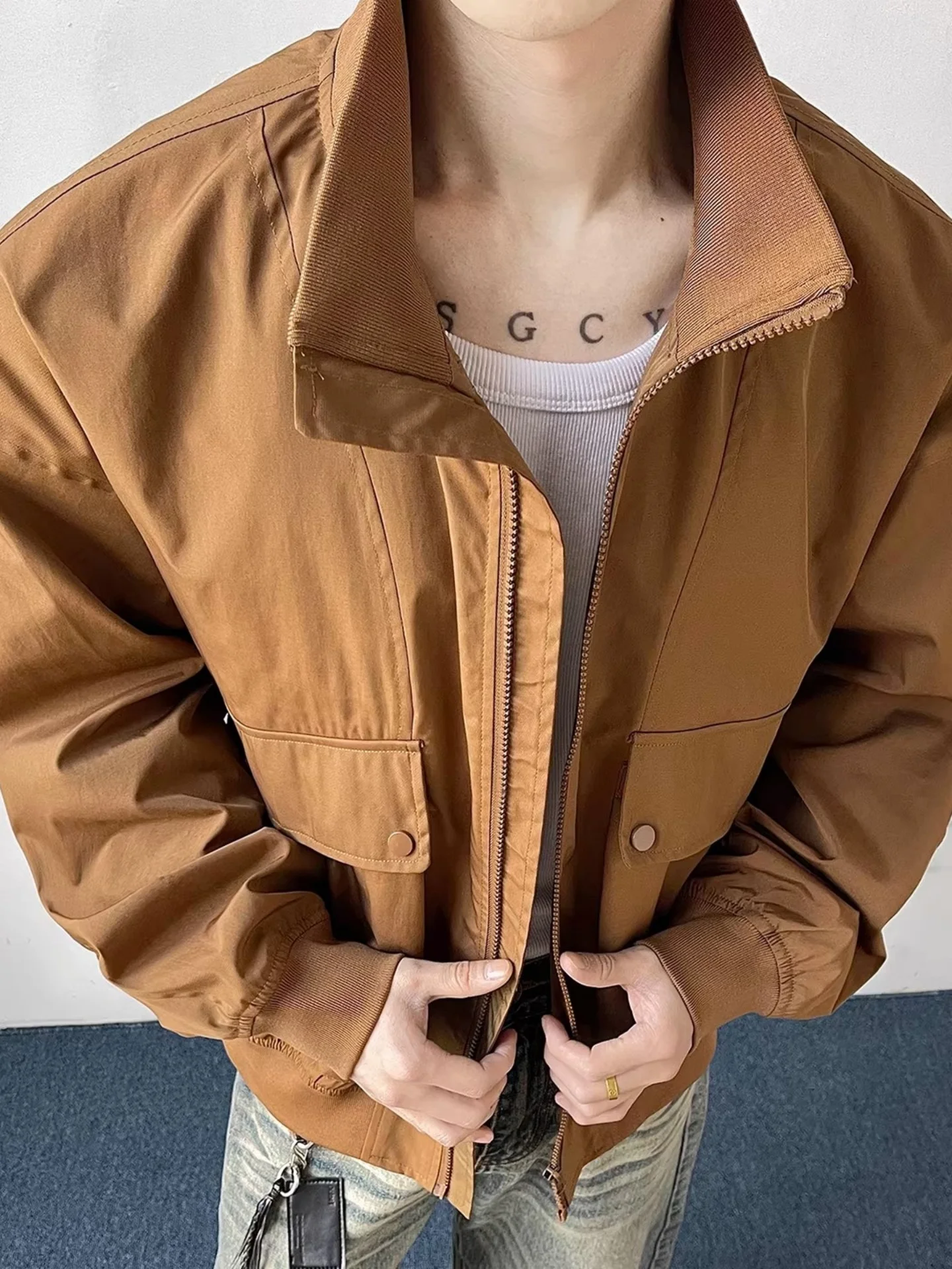 

Men's Baseball Jaet with Large kets Stand Collar Spring Outdoor Workwear Bomber Pilot Sle Polyester Long Sve Coat