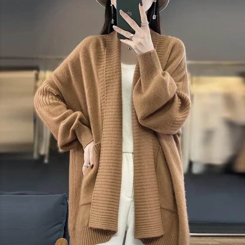 2023 Winter/ Autumn New Fashion 100% Wool Cardigan Women's Long Sleeve Knit Jacket Coat Female Loose Large Size Thicken Sweater