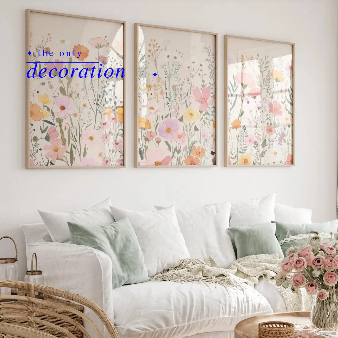 2D Flat, 2D Flat, Set of Three Pieces, Wall Decoration, Retro Poster, Bohemian Floral Botanical Art Print, Wildflower Nursery