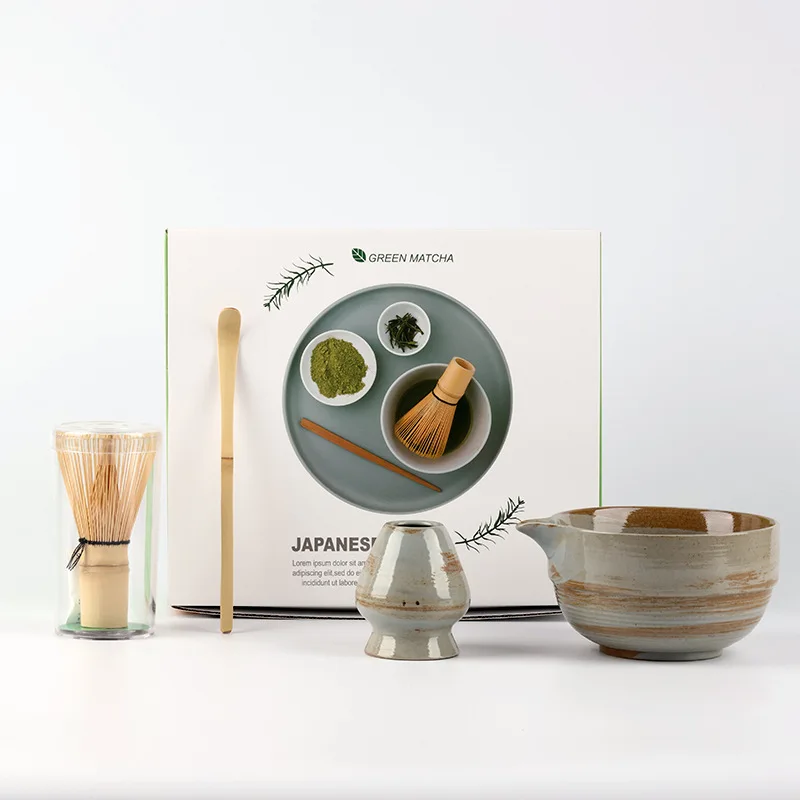 

BespritGift Vintage Wabi Sabi 5pc Matcha Set Handmade Rustic Stoneware Tea Bowl with Bamboo Whisk for Zen Tea Ceremony