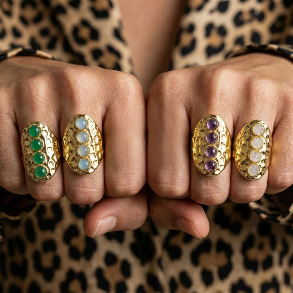 

SHINGEMBrass Hammered Gold-plated Statement Ring with Natural Semi-Precious Crystals Multi-Color Chunky Ring for Women