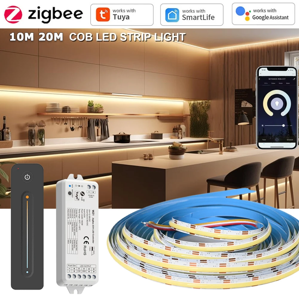 10M 20M Tuya Zigbee 3.0 COB CCT Led Strip 24V Cabinet Ceilling Room Light 2.4G RF Dimming Remote f Alexa Google Home SmartThings