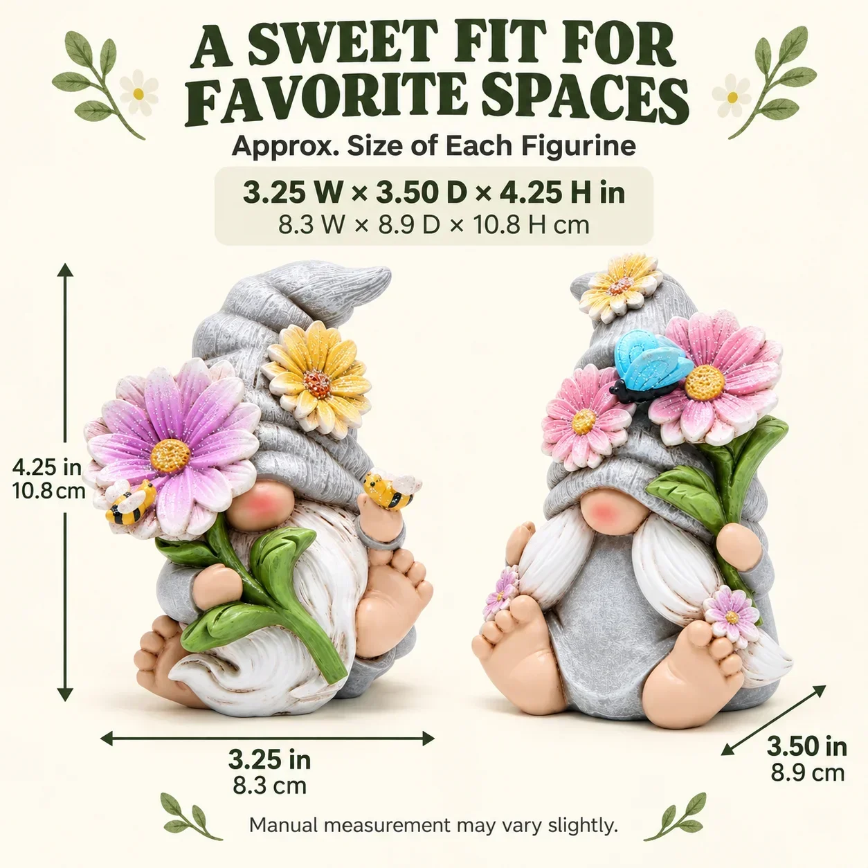 Hodao Cute Flower Gnome Figurines Set of 2, Resin Garden Couple with Bee and Butterfly, Spring Desktop Shelf Decor New Home Gift