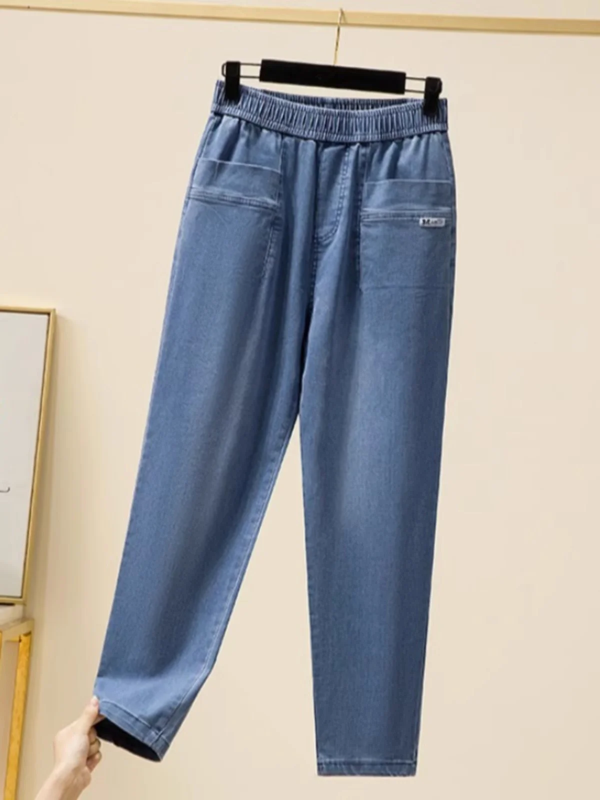 

Джинсы-харланы женские с высокой талией, эластичные, утягивающие, больших размеров, весна 2025, новые, синие, из денима