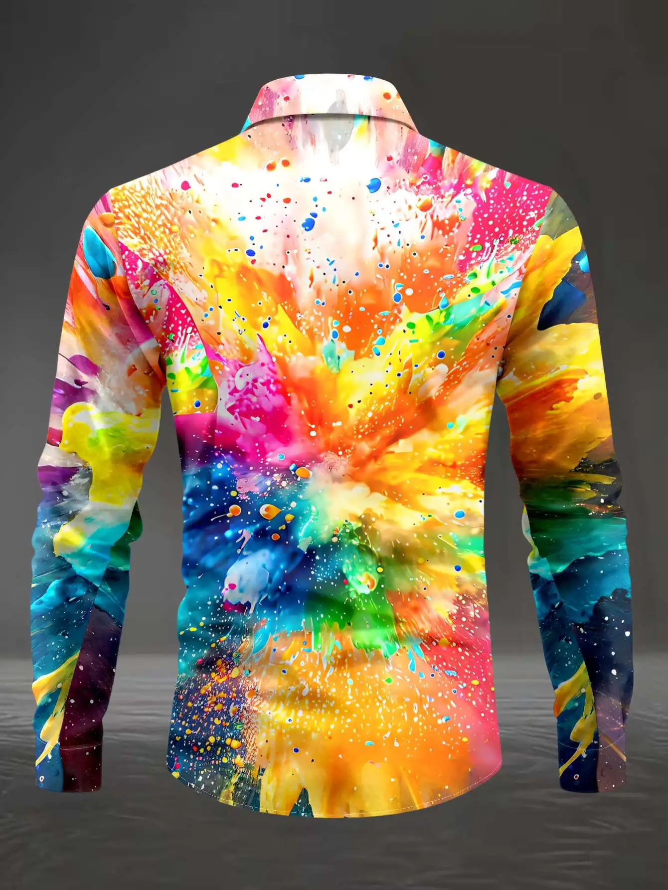 Men Lapel Collar Shirt Bright Multicolor Abstract Splash‑Paint Graffiti‑Style Graphic Polyester Long‑Sleeve Top