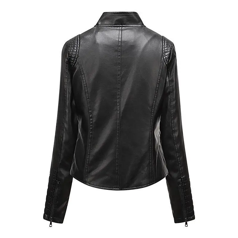 2025 new fashion women's leather slim-fit jacket Spring and autumn women motorcycle wear large size standing collar leather coat