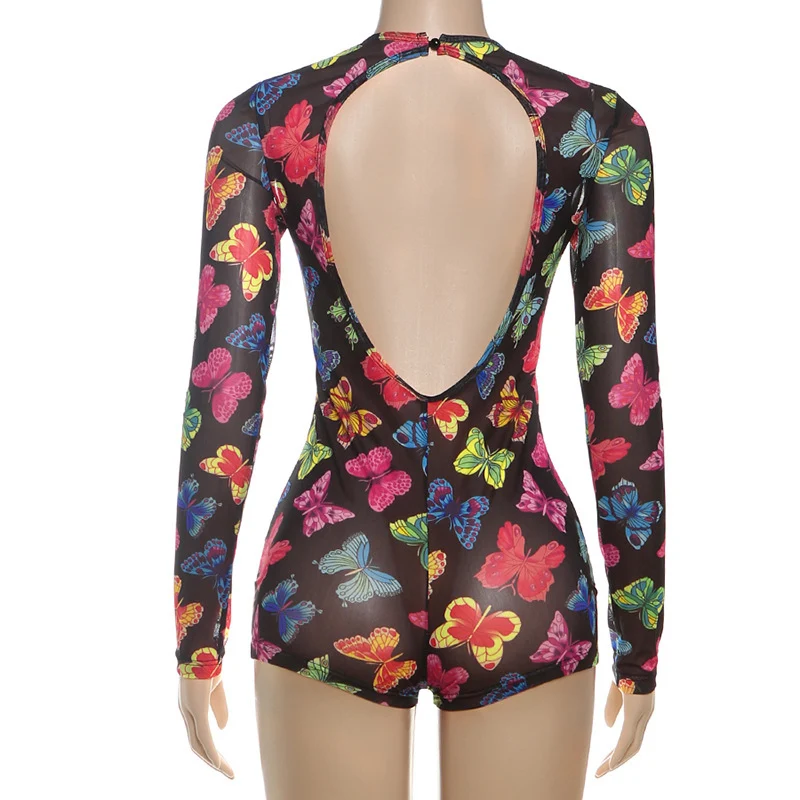 Sexy Colore Bufferfly Stampa Pagliaccetto Tuta Donna Body Manica lunga O-Collo Backless Mesh Sheer Party Night Club Abiti