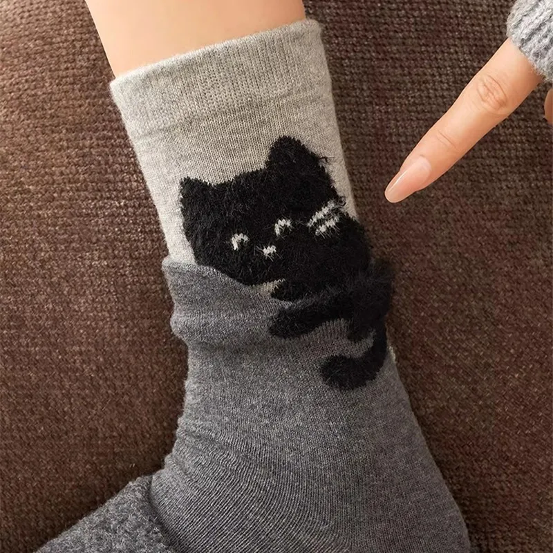 Women Mid Calf Socks Spring Autumn Korean Style Cartoon Cute Cat Long Stacked Socks for Daily Wear Comfortable Soft Set