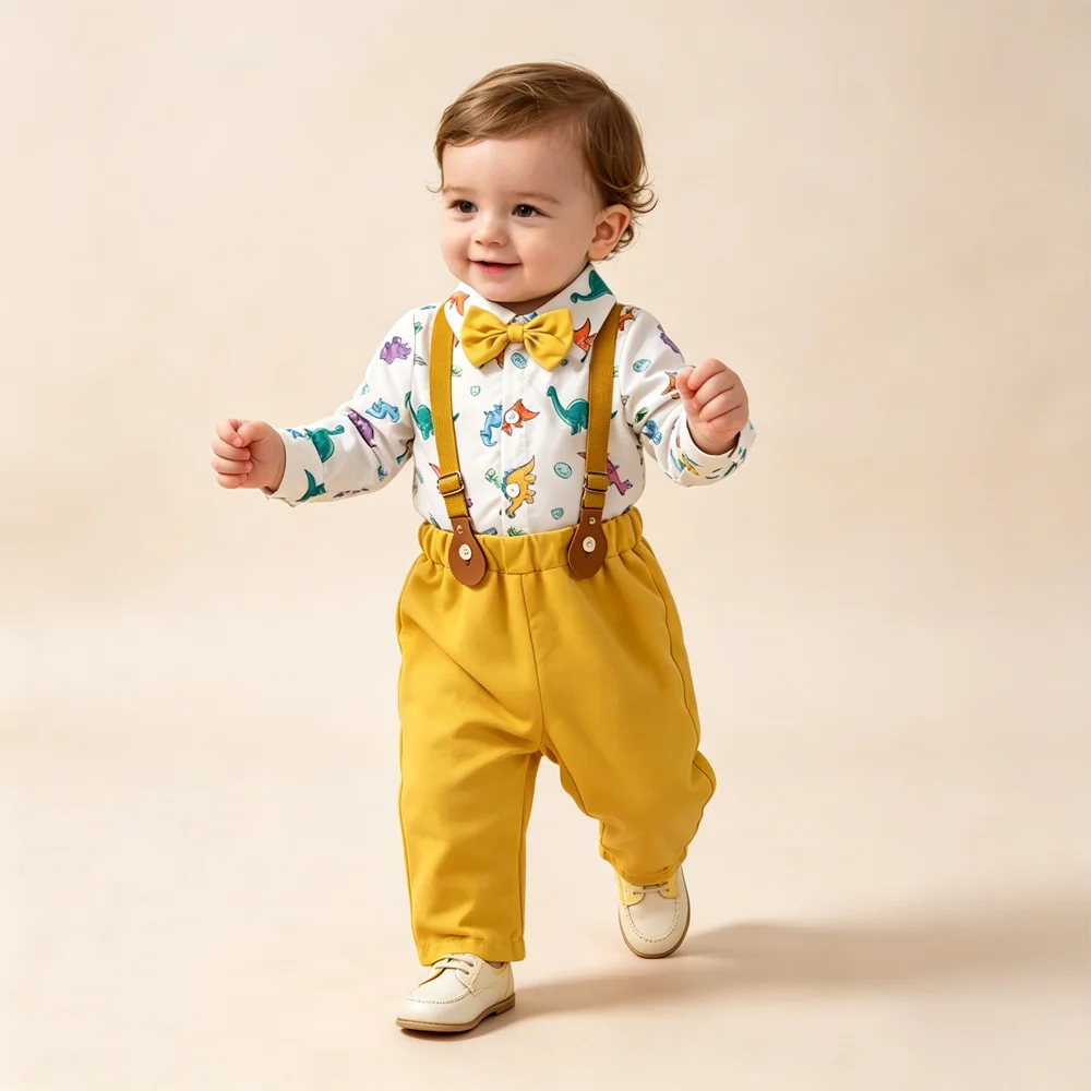 Baby Boy Dinosaur Outfit Set Long Sleeve Dino Print Romper Yellow Suspender Pants & Bow Tie Toddler Gentleman Costume for Party