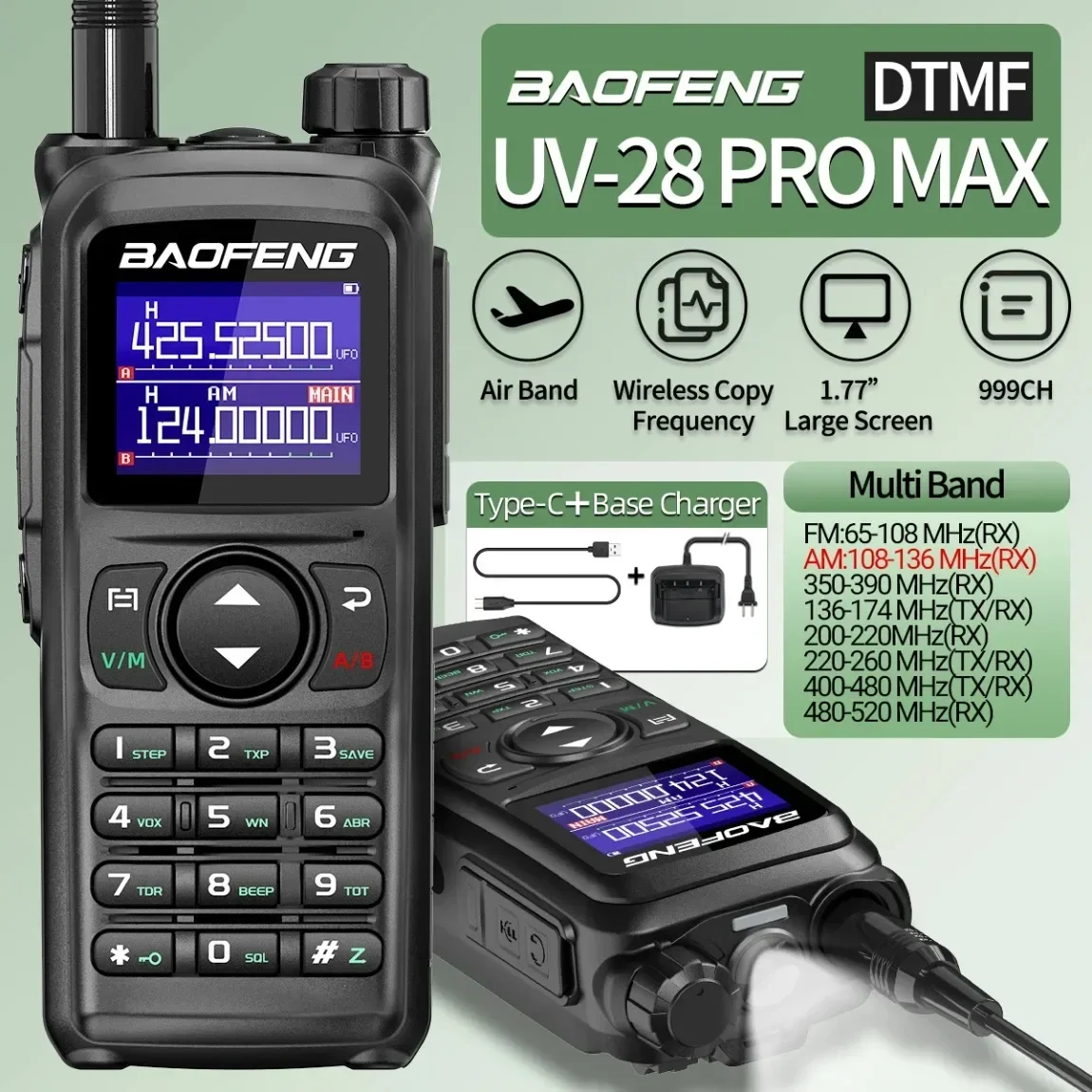 

UV-28 PRO Max Baofeng Walkie Talkie 10 Вт Многодиапазонная беспроводная частота копирования Приемник дальнего действия Type-C AM Двусторонняя портативная радиостанция