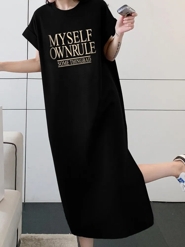 T-shirt a maniche corte primavera estate Abito lungo da donna di media lunghezza allentato casual plus size Abito con maniche volanti piccolo Nuovo stile