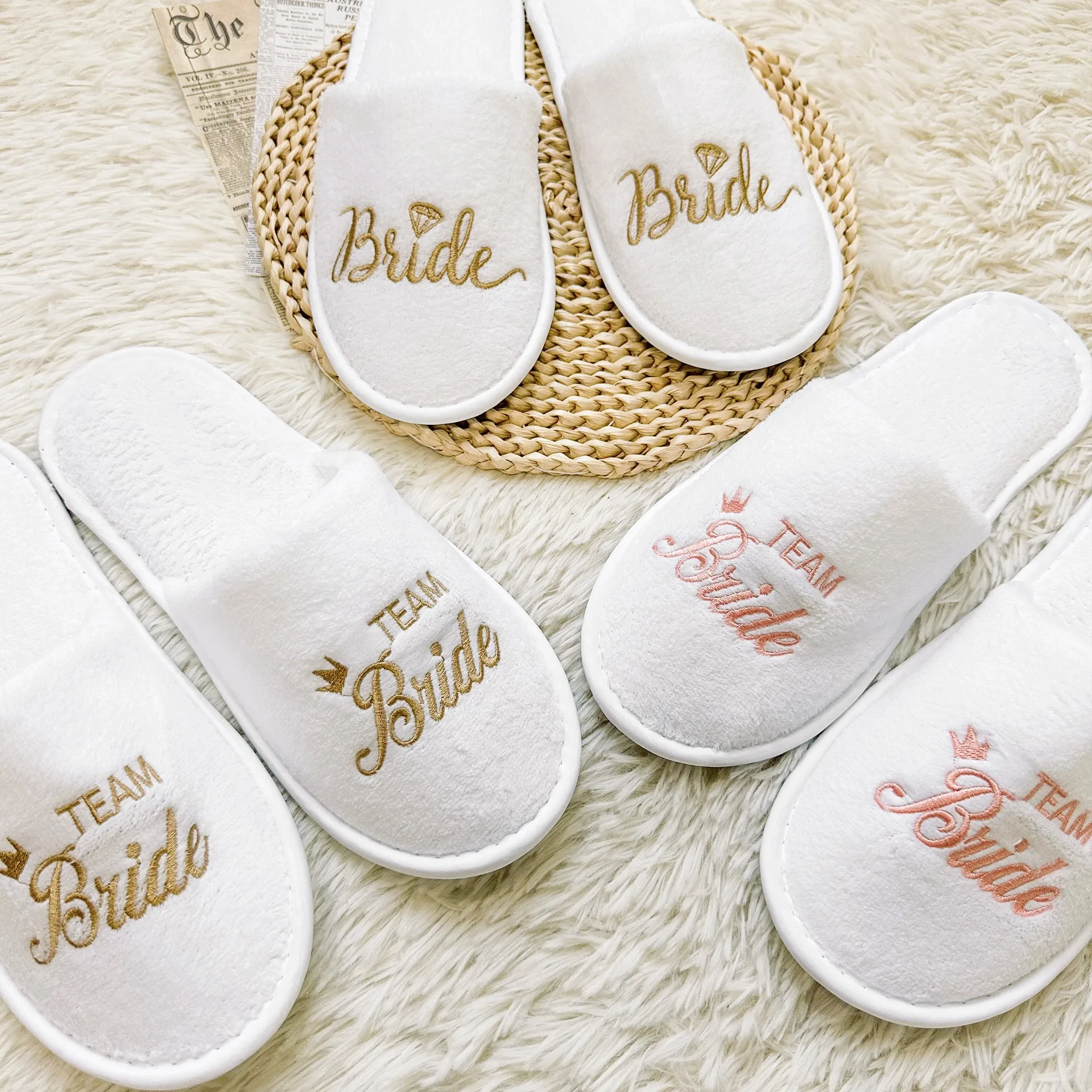 Bridal Party Slippers Set, Close-toe With Golden & Pink Embroidery, Lightweight Plush Cozy Flats, Non-slip Soft Sole For Bride