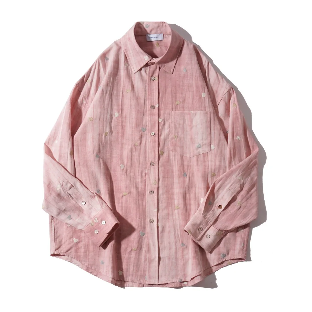 A NEW STUDIO Autumn-Winter New Collection Men's Pink Heart-Shape Linen Tencel Retro Fashionable Loose-Fitting Collar Shirt