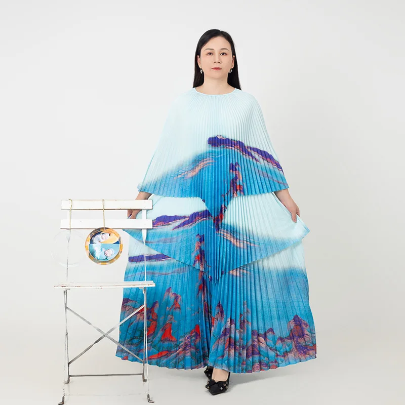 Miyake Pak Fashion Print Ontwerp Geplooide Set Voor Vrouwen Onregelmatige Tops A-Line Patchwork Rokken Contrasteren Kleur 2024 Nieuwe Sets