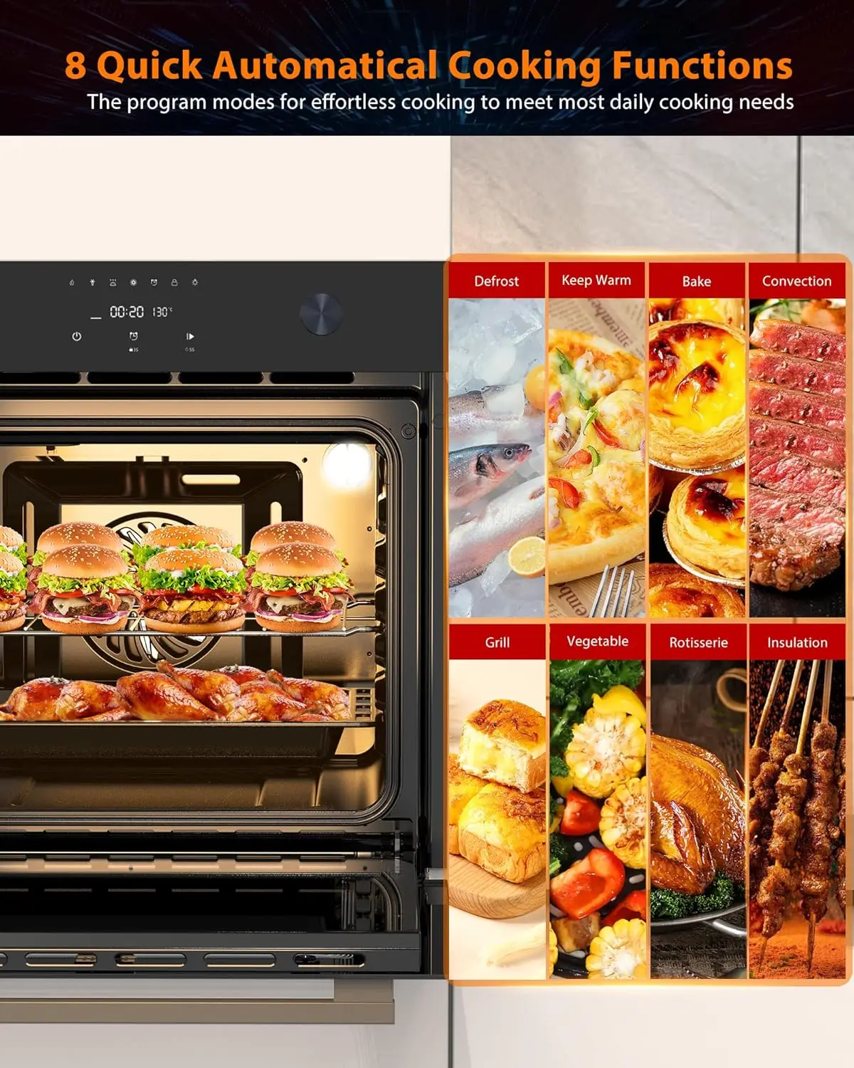 24" Single Wall Ovens with 70L Capacity and 3000W 240V,Electric Wall Ovens with 8 Cooking Functions & 108 Automatic Recipes,Touc
