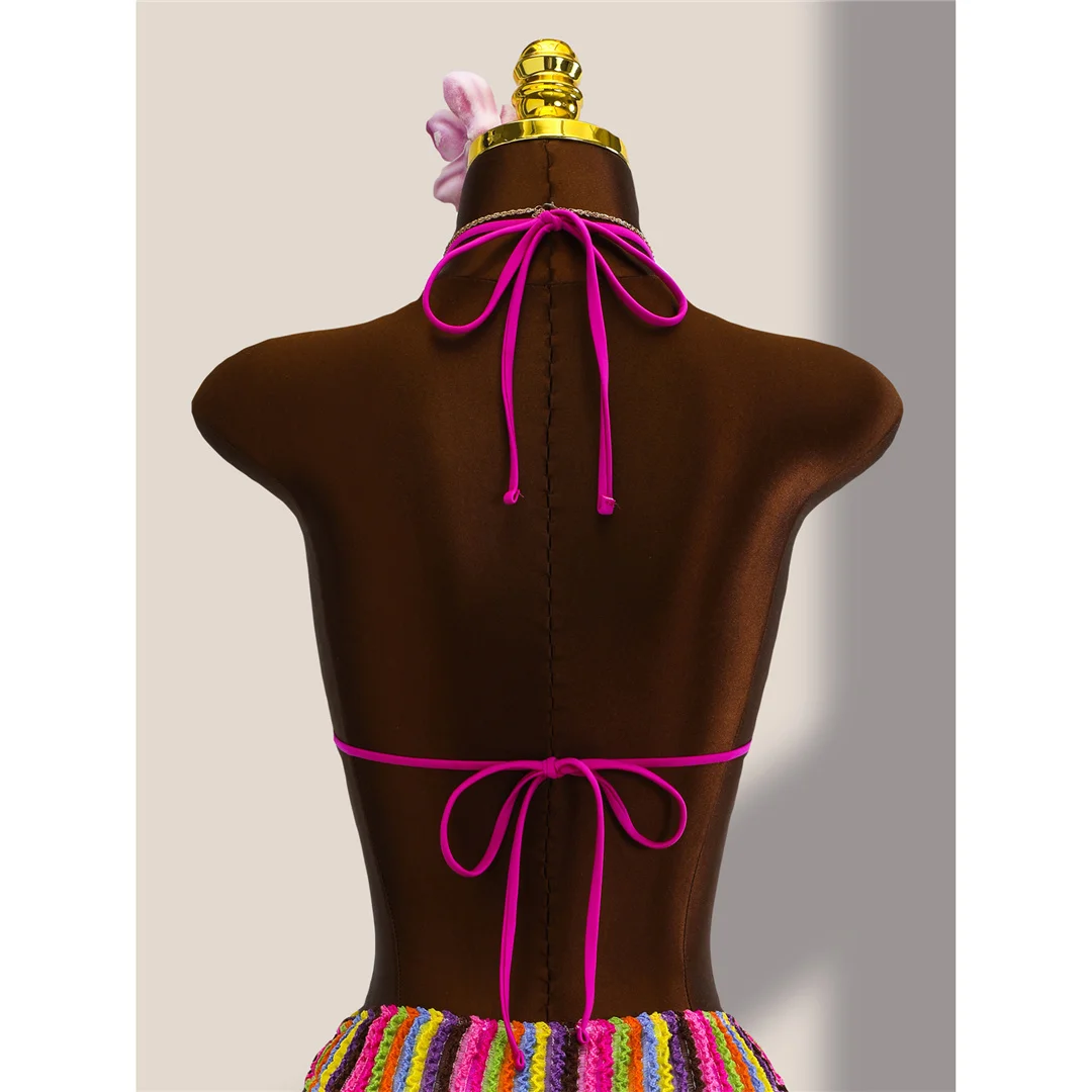 Gestreifter, farbenfroher, ausgeschnittener, einteiliger Badeanzug mit Neckholder für Damen, Monokini mit hohem Beinausschnitt, Badebekleidung, Badeanzug, Schwimmanzug V8304 – Detail 8