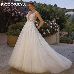 RODDRSYA vestido de novia elegante sin mangas, vestido de novia brillante con cuello en V, encaje, Espalda descubierta, tul Elegante tanque brillante vestido de novia para la novia  V Cuello De Encaje Sin Espalda Tul V