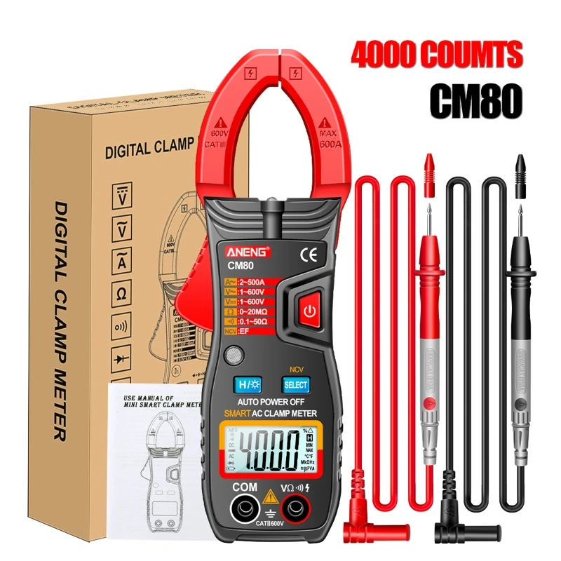 Portable Clamp Meter Auto Range Multimeter 600V AC/for DC Voltage with LCD Backlit 500A AC Current Resistance Test NCV