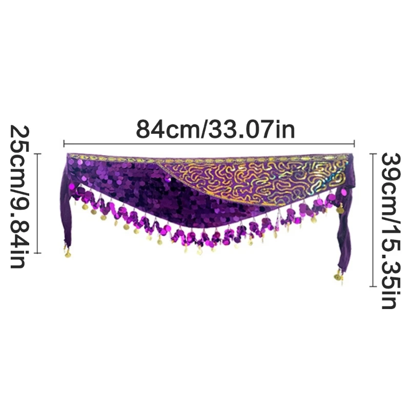 F42F Belly Dance Hip Skirt Sequins Coins Tassels Fringed Hip Scarf Waist Chain Tie Up Short Skirt Festival Outfit for Women