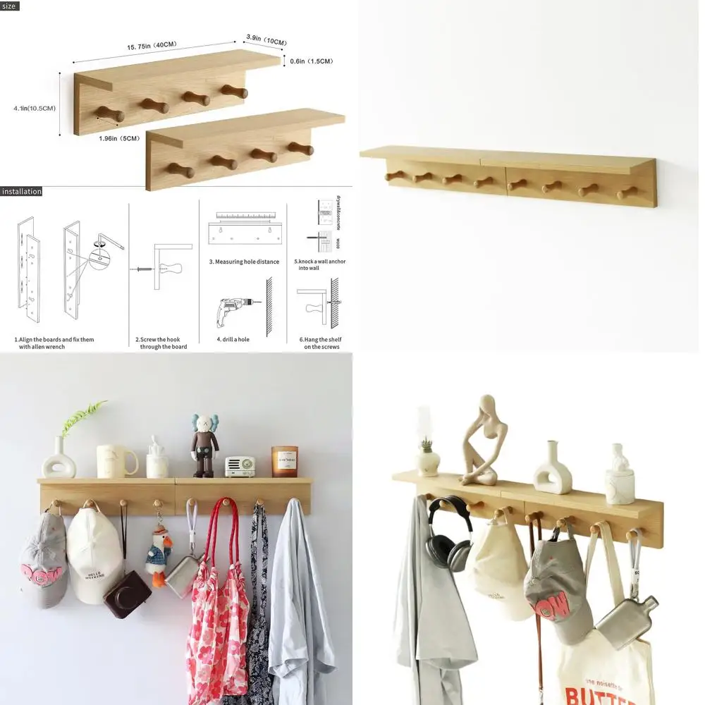 

Oak Finish Wooden Wall Shelf with 4 Hooks, Perfect for Entryway, Mudroom, Kitchen, and Bathroom (Set of 2)