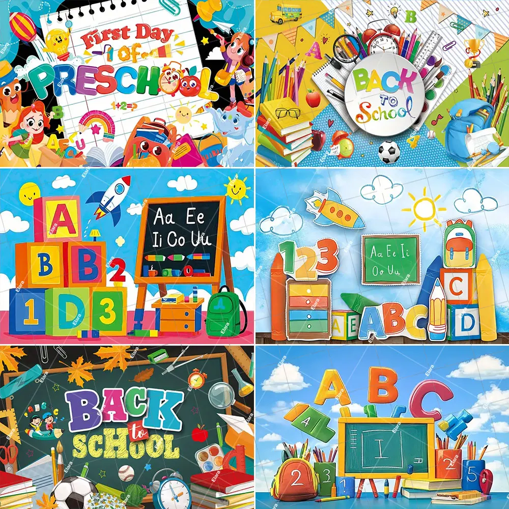 

1PC Welcome Back to School ABC Globe Pencil Book Colorful Crayons Vibrant Blue Sky Children Portrait Photography Backdrop Props