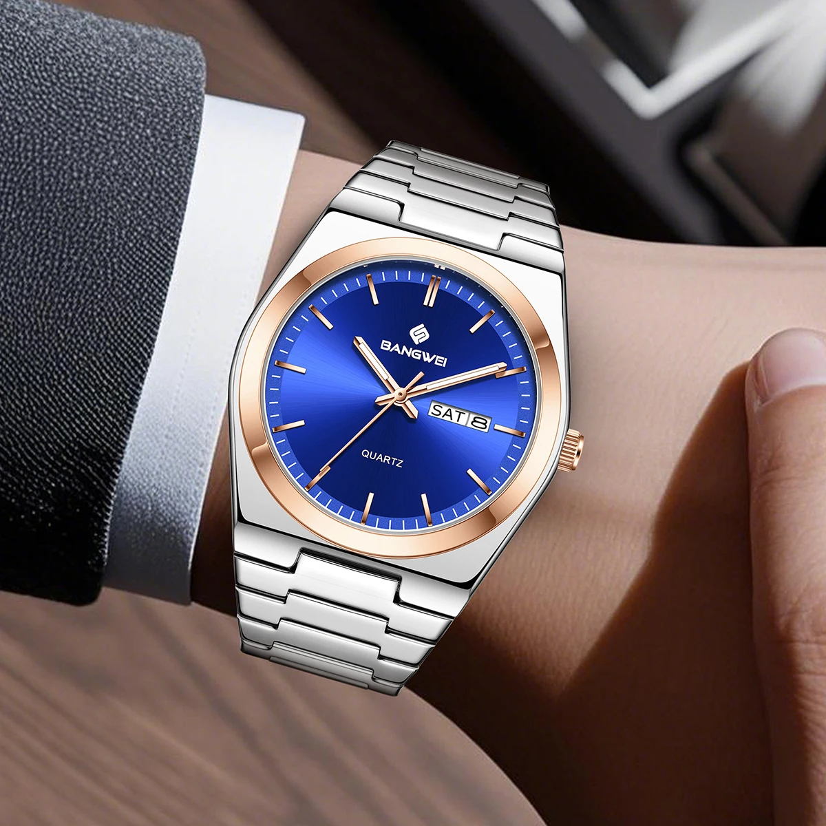 BANGWEI الفاخرة الرياضة كوارتز رجل ساعة اليد مقاوم للماء مضيئة تاريخ الأسبوع الرجال الساعات الفولاذ المقاوم للصدأ ساعة رجالي ذكر Reloj + صندوق