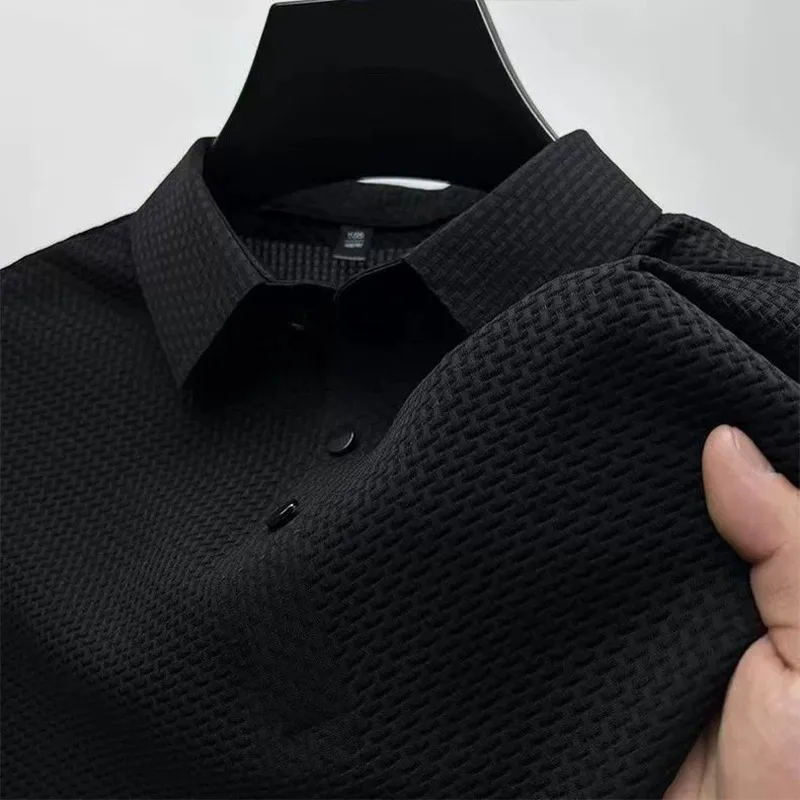 Polo d'été à manches courtes pour hommes, nouveau Style, maille Jacquard de bambou, revers en soie glacée, couleur unie, chemise Simple sur le dessus