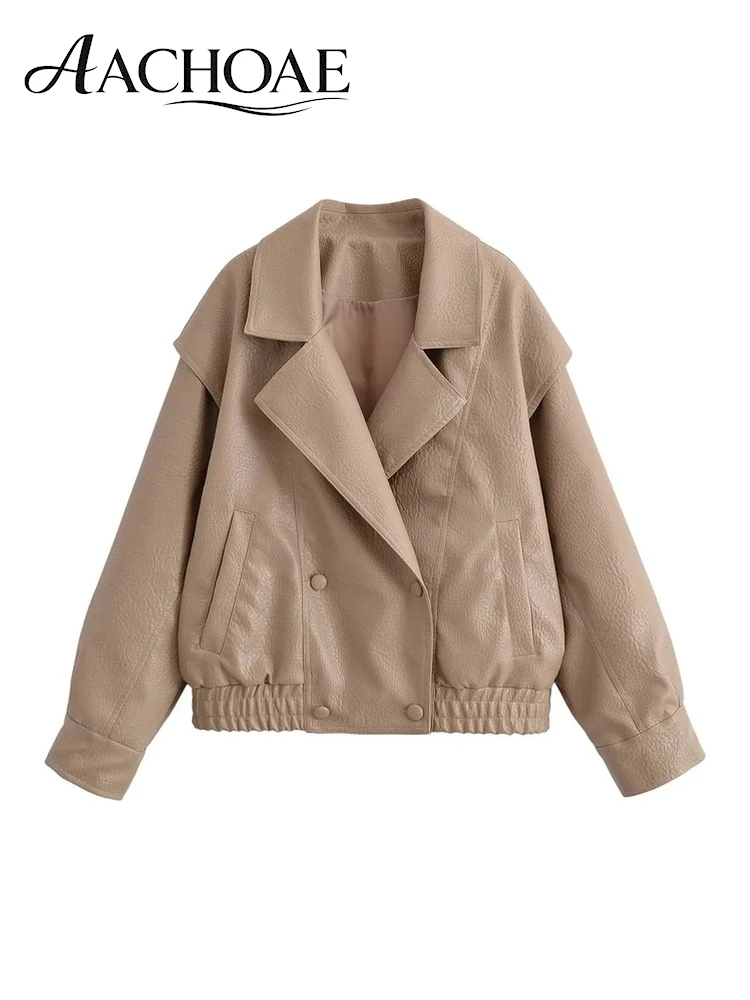 AACHOAE Women Faux Leather Jacket Oversized Double Breasted Lapel Loose Drop Shoulder Short Coat Casual Vintage Autumn Outerwear