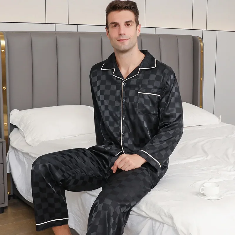 2024 verão novos homens pijamas conjunto camisa longa & calças 2 pçs loungewear impressão casa roupas de seda gelo conjunto sono masculino lazer pijamas