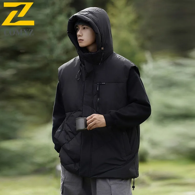 COMXZ Premium Men Down Jacket Casual Hooded Outdoor Adventure Warm Parka Solid Color Travel Windproof Lightweight Winter Coat