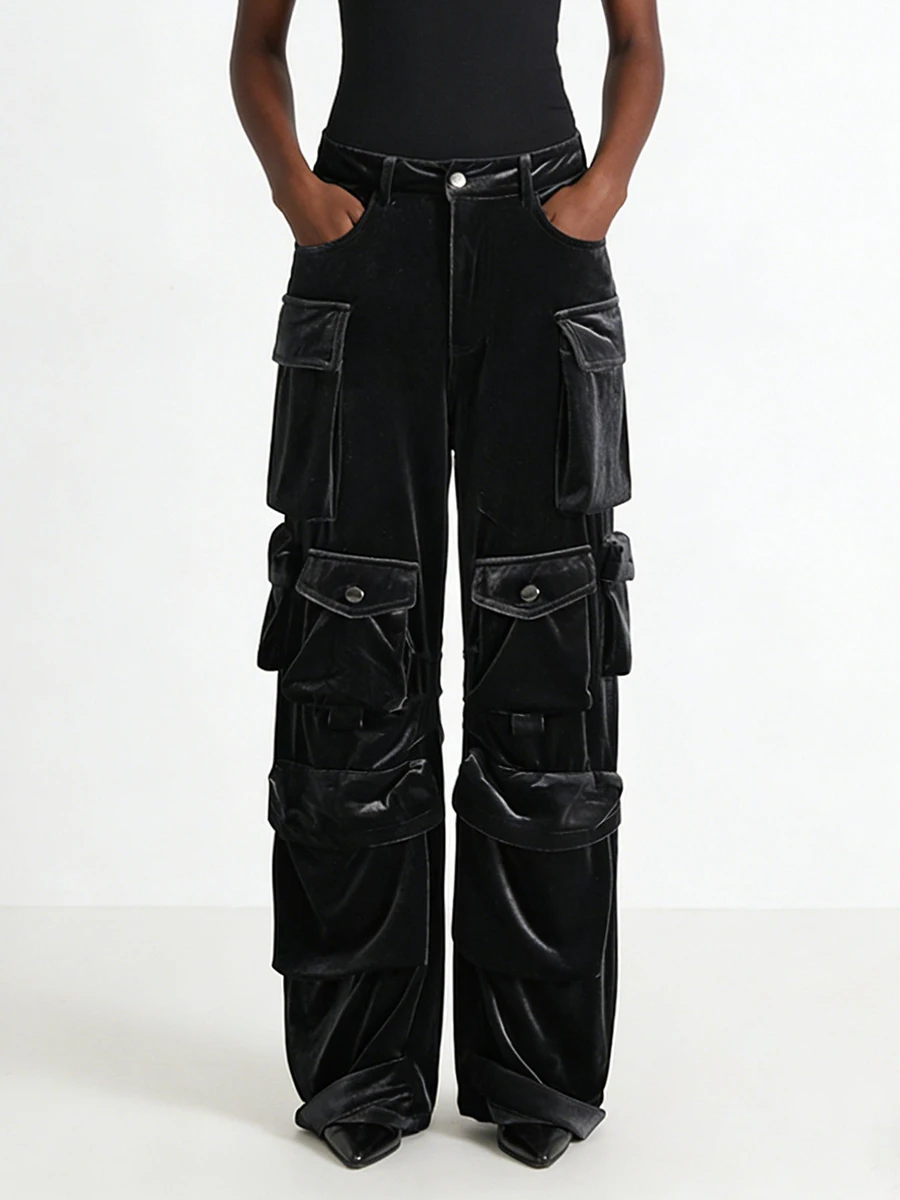 VGH Design Sense Solid Velvet Overalls For Women High Waist Spliced Pockets Autumn Temperament Loose Trousers Female Fashion New