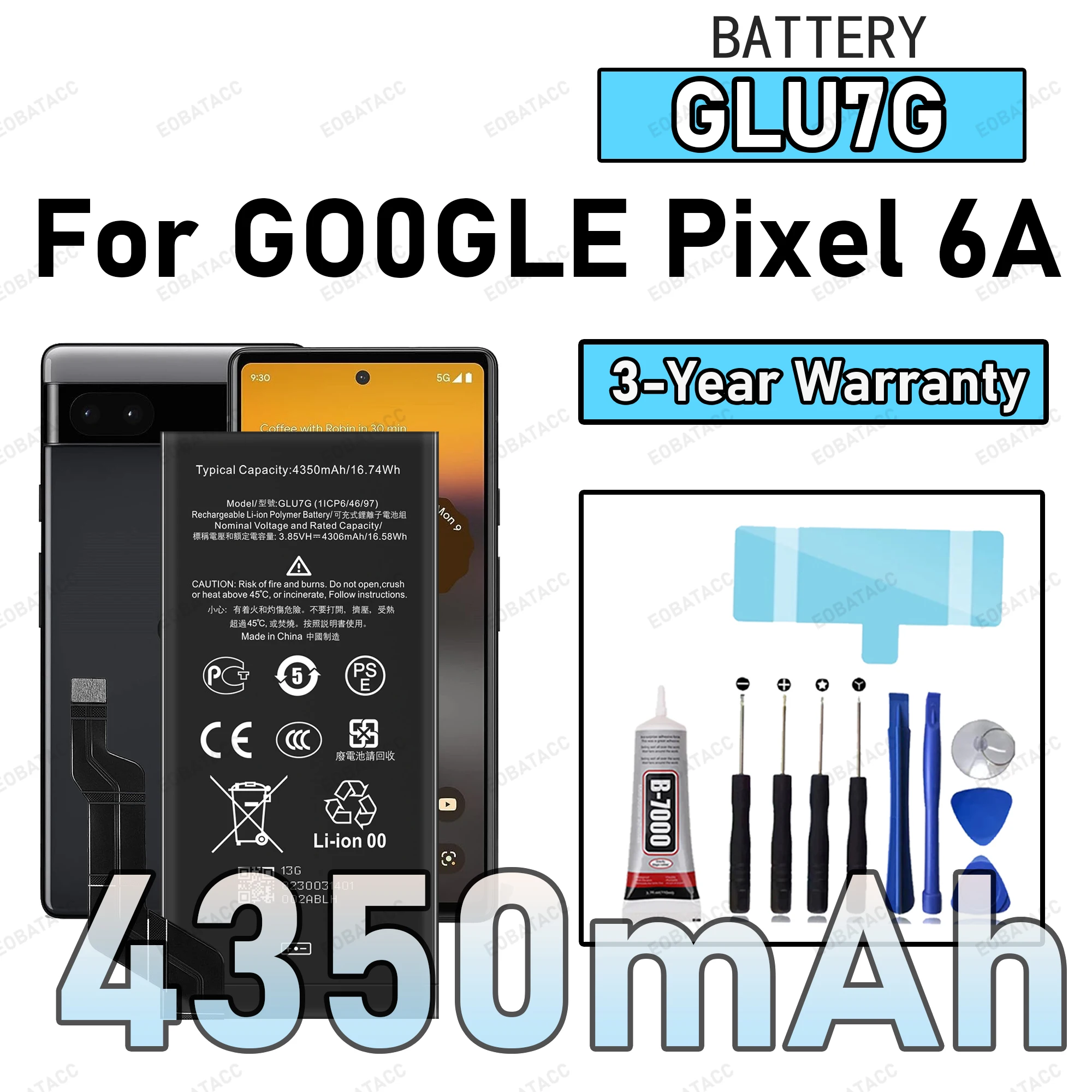 

100% New Zero Cycle GLU7G Battery For GOOGLE Pixel 6A Phone Replacement Bateria +Free Tools