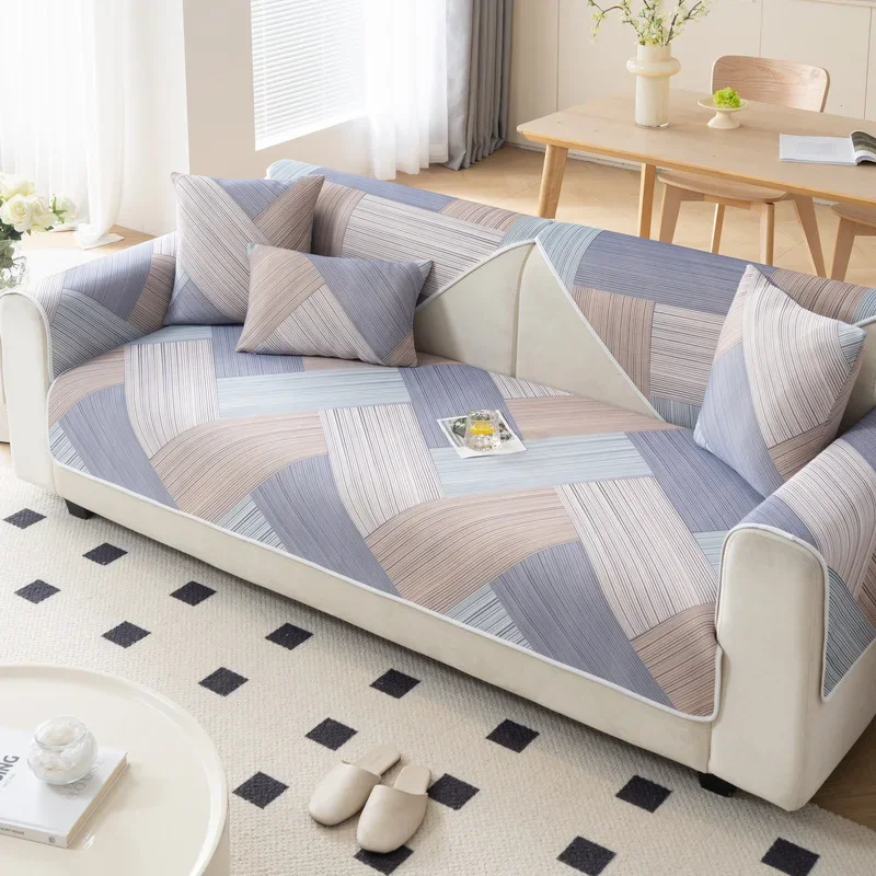 Summer Ins Wind Ice Silk Sofa Cushion Living Room Breathable Cool Combination Sofa Cover Non Slip Washable Printed Couch Cover