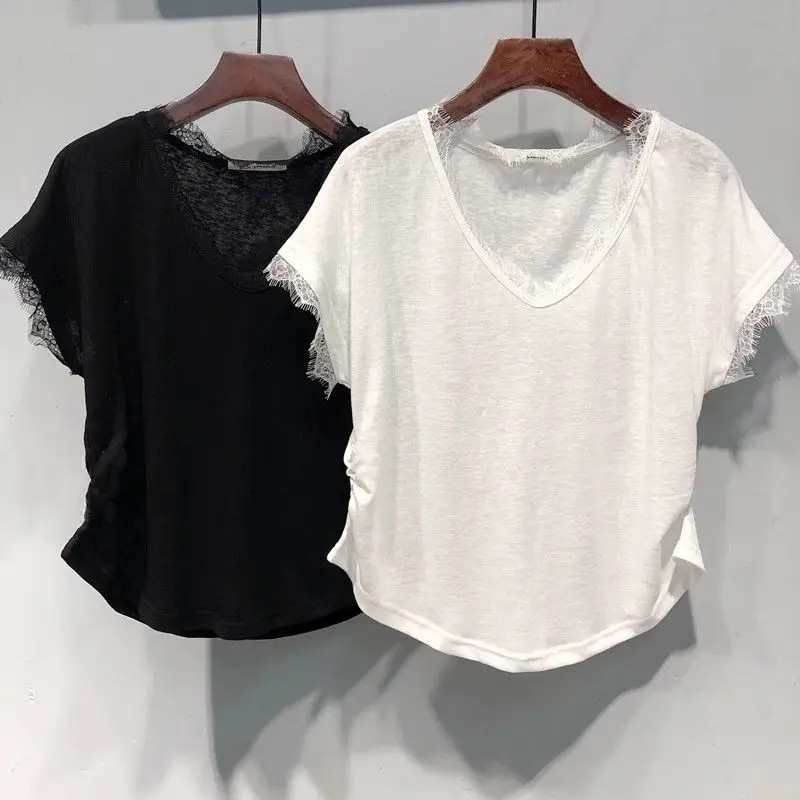 Snowflake cotton solid color V-neck lace flying sleeve T-shirt female summer solid color thin loose slim top female